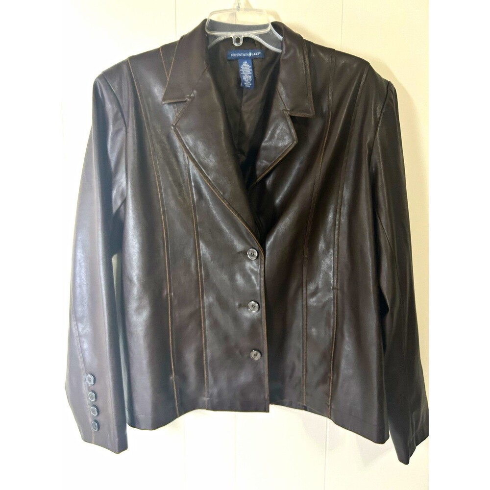 Mountain Lake Women’s Brown Faux Leather Button Front Collared Lined Jacket L